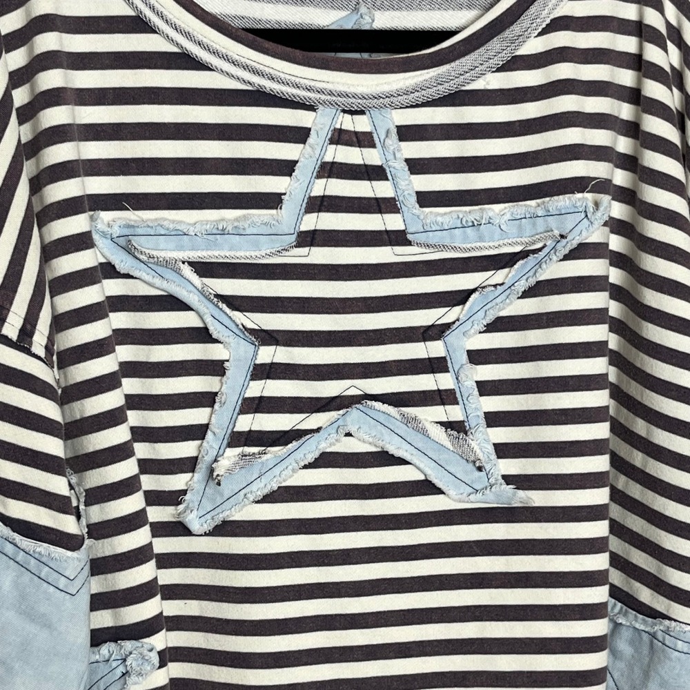 Oli & Hali Star Patch Striped Sweatshirt Distressed Boutique Brown Large - Picture 5 of 12